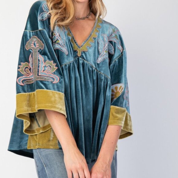 easel Tops - *Boutique* Plus Size Embroidered Velvet Boho Kimono Oversized Top